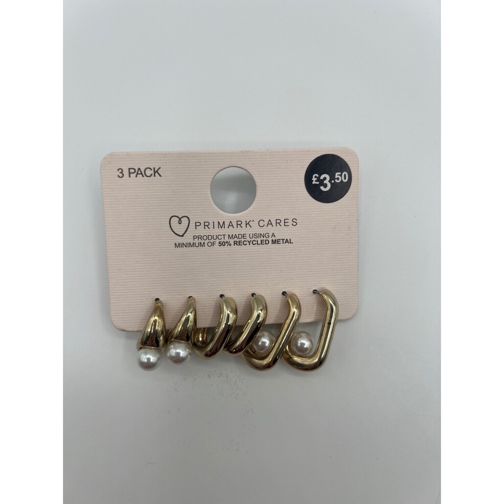 Primark Cares Gold Tone Faux Pearl Hoop Earring Set 3 Pack Recycled Metal NEW